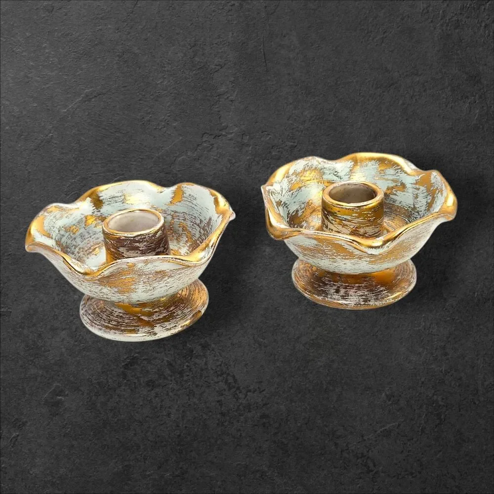 Vintage Stangl 22K Gold Candle Holders 5069 Seafoam Ruffled Mid Century Pair